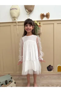 penu baby kids White Ruffled Hem Long Ruffle Tulle Sleeve Velvet Fabric Girls' Baby Girl Dress - Image 6