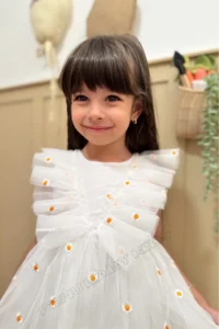 penu baby kids White Sleeveless Ruffle Detailed Daisy Embroidered Baby Girl Dress - Image 3
