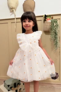 penu baby kids White Sleeveless Ruffle Detailed Daisy Embroidered Baby Girl Dress - Image 4