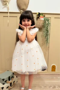 penu baby kids White Sleeveless Ruffle Detailed Daisy Embroidered Baby Girl Dress - Image 5