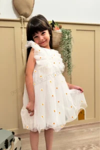 penu baby kids White Sleeveless Ruffle Detailed Daisy Embroidered Baby Girl Dress - Image 6