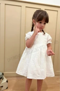 penu baby kids Ecru Short Sleeve Cotton Scallop Fabric Snap Closure Baby Girl Dress - Image 3