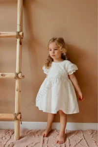 penu baby kids Ecru Short Sleeve Cotton Scallop Fabric Snap Closure Baby Girl Dress - Image 4