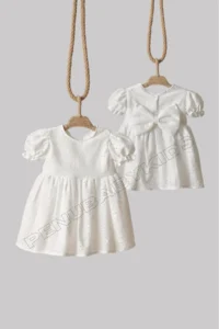 penu baby kids Ecru Short Sleeve Cotton Scallop Fabric Snap Closure Baby Girl Dress - Image 6