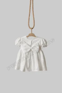 penu baby kids Ecru Short Sleeve Cotton Scallop Fabric Snap Closure Baby Girl Dress - Image 7