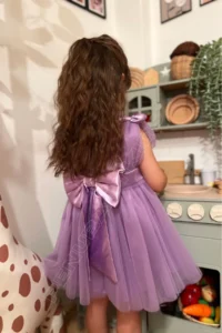 penu baby kids Lilac Satin Top, Big Bow on the Back, Small Bow Detail on the Shoulder, Tulle Baby Girl Dress - Image 3