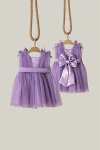 penu baby kids Lilac Satin Top, Big Bow on the Back, Small Bow Detail on the Shoulder, Tulle Baby Girl Dress - Image 5