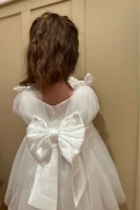 penu baby kids White Top, Satin, Big Bow on the Back, Small Bow Detail on the Shoulder, Tulle Baby Girl Dress - Image 3