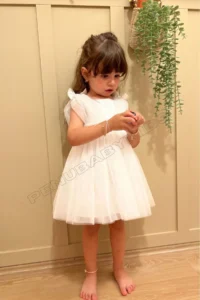 penu baby kids White Top, Satin, Big Bow on the Back, Small Bow Detail on the Shoulder, Tulle Baby Girl Dress - Image 4