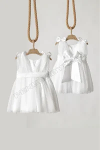 penu baby kids White Top, Satin, Big Bow on the Back, Small Bow Detail on the Shoulder, Tulle Baby Girl Dress - Image 5