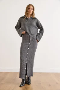 Olalook Women's Smoked Waist Elastic Waist Buttoned Slit Long Skirt - Image 5