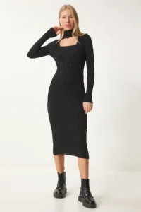 Happiness İstanbul Women's Black Cut Out Detailed High Collar Ribbed Knitwear Dress FN03388