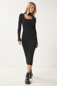 Happiness İstanbul Women's Black Cut Out Detailed High Collar Ribbed Knitwear Dress FN03388 - Image 2