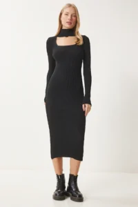 Happiness İstanbul Women's Black Cut Out Detailed High Collar Ribbed Knitwear Dress FN03388 - Image 3