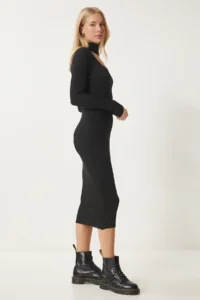 Happiness İstanbul Women's Black Cut Out Detailed High Collar Ribbed Knitwear Dress FN03388 - Image 4