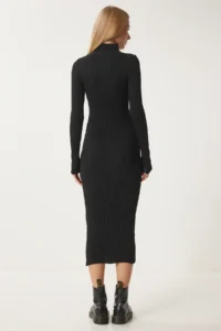 Happiness İstanbul Women's Black Cut Out Detailed High Collar Ribbed Knitwear Dress FN03388 - Image 6