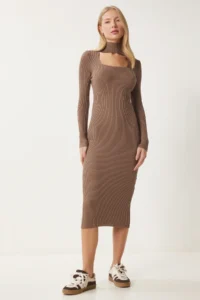 Happiness İstanbul Women's Mink Cut Out Detailed High Collar Corduroy Knitwear Dress FN03388
