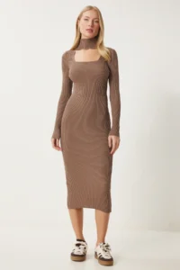 Happiness İstanbul Women's Mink Cut Out Detailed High Collar Corduroy Knitwear Dress FN03388 - Image 2