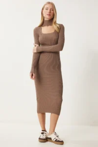 Happiness İstanbul Women's Mink Cut Out Detailed High Collar Corduroy Knitwear Dress FN03388 - Image 3