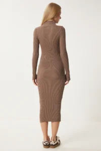 Happiness İstanbul Women's Mink Cut Out Detailed High Collar Corduroy Knitwear Dress FN03388 - Image 5
