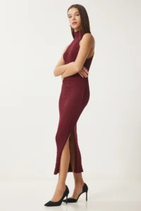 Happiness İstanbul Women's Claret Red Off-the-Shoulders Wrap Ribbed Knitwear Dress FN03424