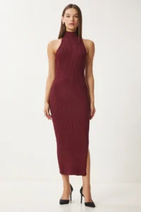 Happiness İstanbul Women's Claret Red Off-the-Shoulders Wrap Ribbed Knitwear Dress FN03424 - Image 2