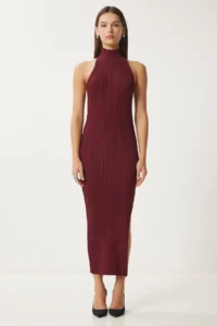 Happiness İstanbul Women's Claret Red Off-the-Shoulders Wrap Ribbed Knitwear Dress FN03424 - Image 3