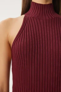 Happiness İstanbul Women's Claret Red Off-the-Shoulders Wrap Ribbed Knitwear Dress FN03424 - Image 4