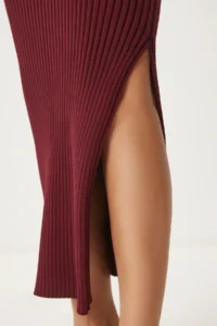 Happiness İstanbul Women's Claret Red Off-the-Shoulders Wrap Ribbed Knitwear Dress FN03424 - Image 5
