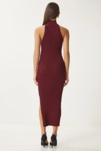 Happiness İstanbul Women's Claret Red Off-the-Shoulders Wrap Ribbed Knitwear Dress FN03424 - Image 6