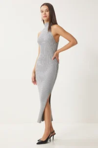 Happiness İstanbul Women's Stone Open Shoulder Wrap Ribbed Knitwear Dress FN03424