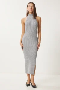 Happiness İstanbul Women's Stone Open Shoulder Wrap Ribbed Knitwear Dress FN03424 - Image 2