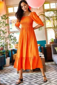 Olalook Women's Orange Glittered Square Collar Bodrum Dress