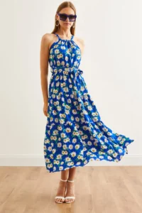 Olalook Women's Daisy Saks Blue Halter Collar Belted Woven Viscon Dress - Image 4