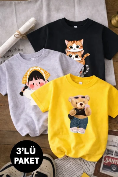 twins tailors Cat And Girl Printed 3-Pack Black-Grey-Yellow Girls' T-Shirts
