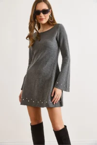 Olalook Women's Smoked Staple Detailed Wide Collar A-Line Cut Winter Thessaloniki Dress - Image 6