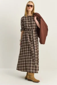 Bianco Lucci Women's Plaid Patterned Crew Neck Belted Flared Cotton Dress 5611