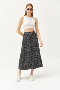Olalook Women's Japanese Black Elastic Waist Patterned Long Skirt - Image 2