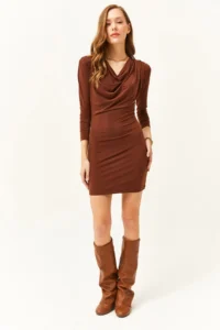 Olalook Women's Bitter Brown Padded Collar Mini Dress - Image 2