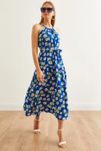 Olalook Women's Daisy Saks Blue Halter Collar Belted Woven Viscon Dress