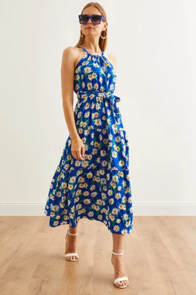 Olalook Women's Daisy Saks Blue Halter Collar Belted Woven Viscon Dress