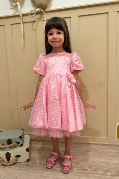 penu baby kids Pink Flower Detailed Glitter Polka Dot Balloon Sleeve Girl's Dress
