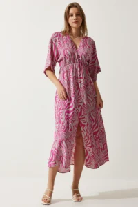 Happiness İstanbul Women's Pink Gray Wrap Collar Patterned Summer Viscose Dress - Image 3