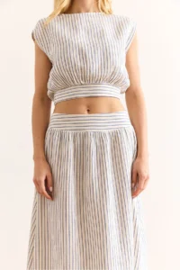 Olalook Women's Blue Striped Side Zipper Midi A-Line Muslin Skirt - Image 2