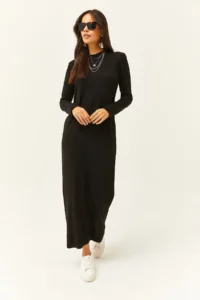 Olalook Women's Black Crew Neck Long Knitwear Dress - Image 4