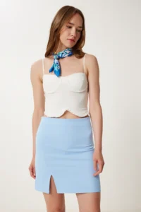 Happiness İstanbul Women Gök Blue slit Mini Weaving Skirt - Image 2