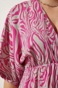 Happiness İstanbul Women's Pink Gray Wrap Collar Patterned Summer Viscose Dress - Image 4
