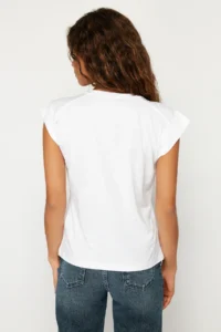TRENDYOLMİLLA White Rib Detailed Moon Arm Basic Knitting T-Shirt - Image 6