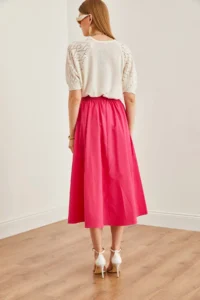 Olalook Women's Fuchsia Pocketed Elastic Waist Midi Woven Bell Skirt - Image 5