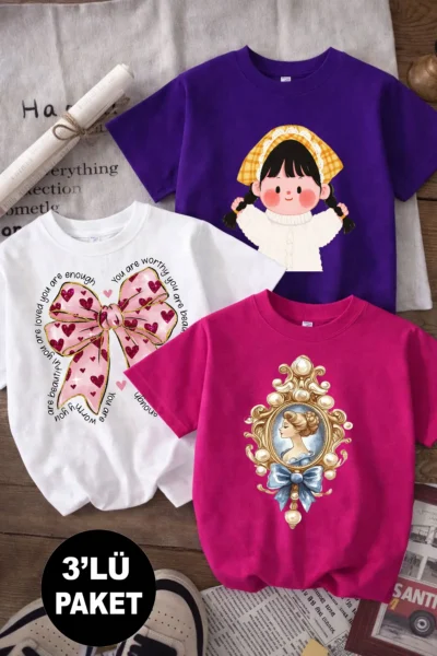 twins tailors Girl with Bow and Mirror Printed 3-Pack Purple-White-Pink Girls' T-Shirts